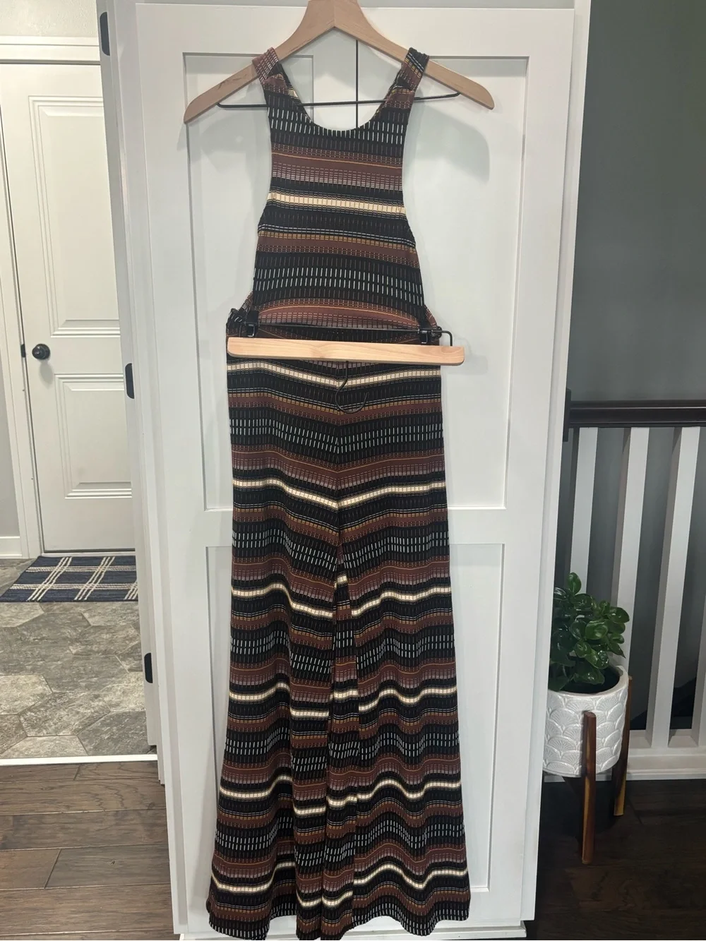 Free People Dixie Strapless Brown Black Cream Multi-Stripe Wide-Leg Jumpsuit